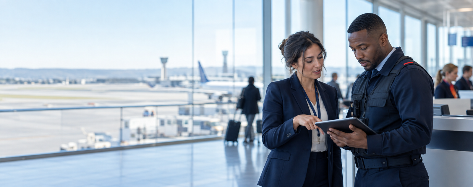 Conseillère accompagnant un professionnel de la sûreté dans un aéroport